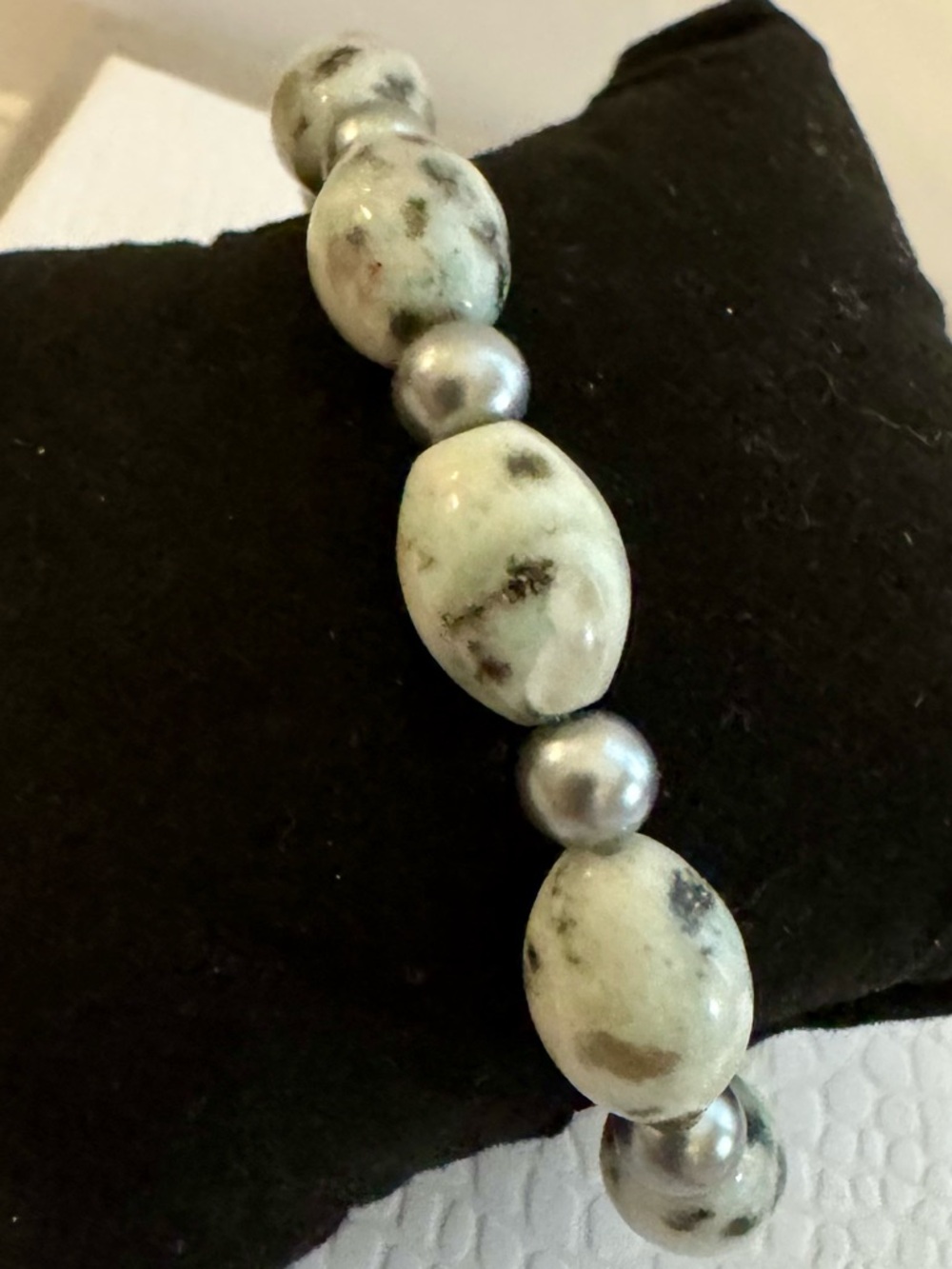 Green and Silver Gray Beaded Stretch Bracelet